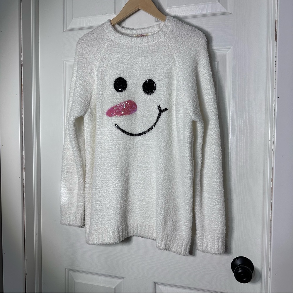 Poof New York Snowman Sequin Fuzzy Eyelash Knit Christmas Sweater‎ White Large
